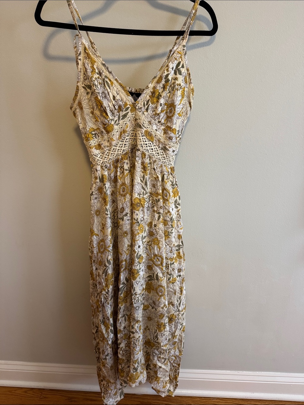Angie White and Mustard Floral Midi Dress with Lace Insets
